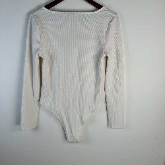 A New Day Ribbed Square Neck Long Sleeve Bodysuit Cream Off White Size Large - Picture 5 of 5
